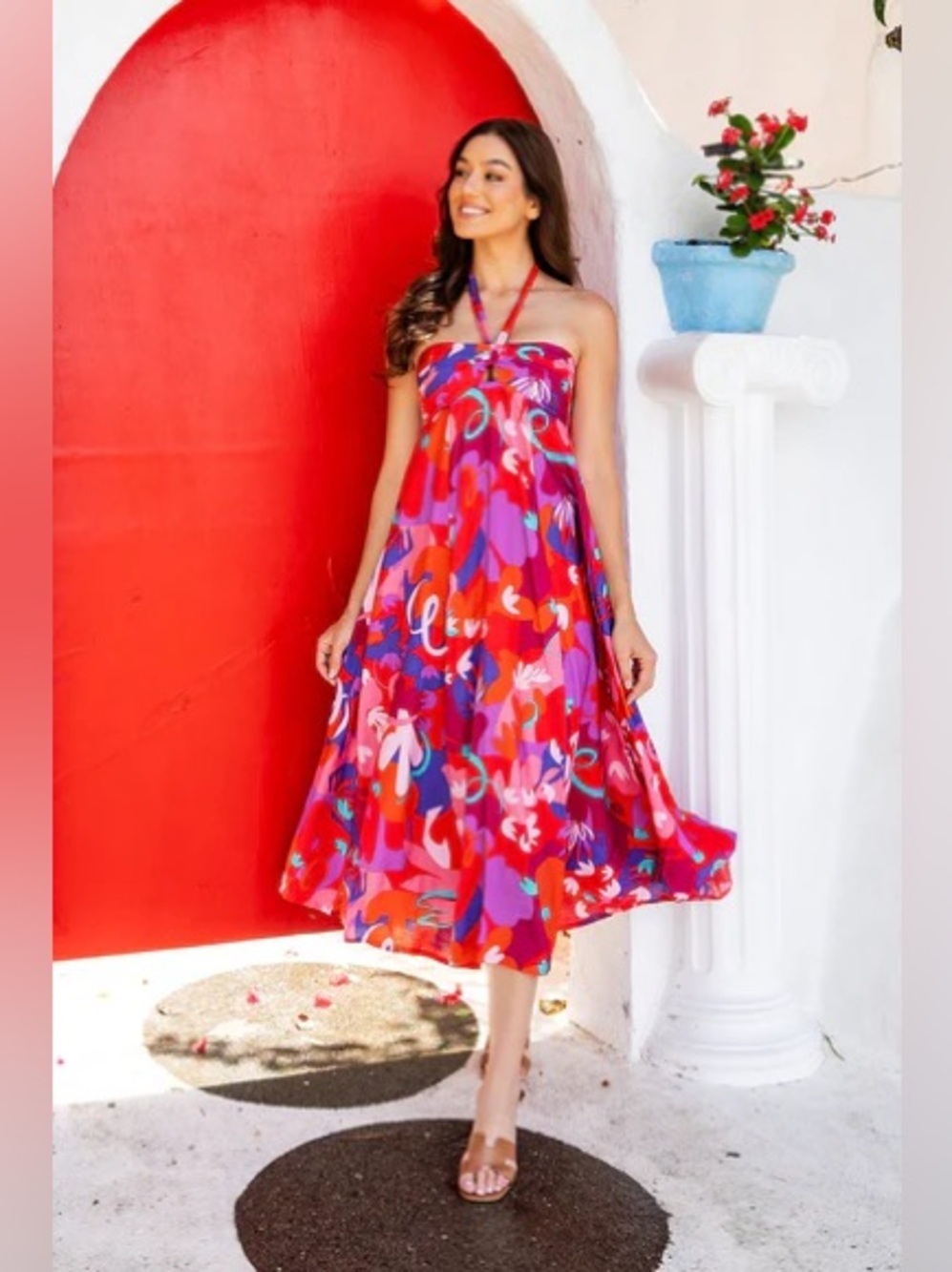 Halter Maxi Dress colorful tropical Strawberry Abstract print midi vacation - Picture 4 of 9